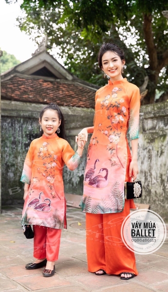 Bộ áo dài cam đôi vịt cườm