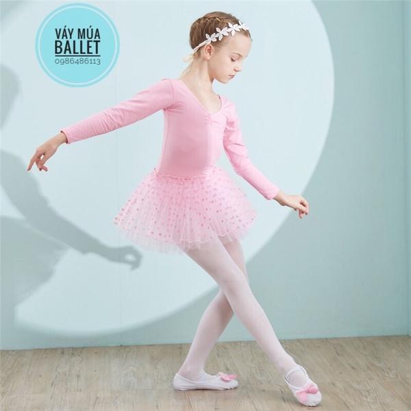 Váy múa basic chân váy chấm bi dài tay (đen, hồng, tím)