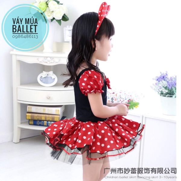 Váy múa Micky đỏ chấm bi kèm bờm