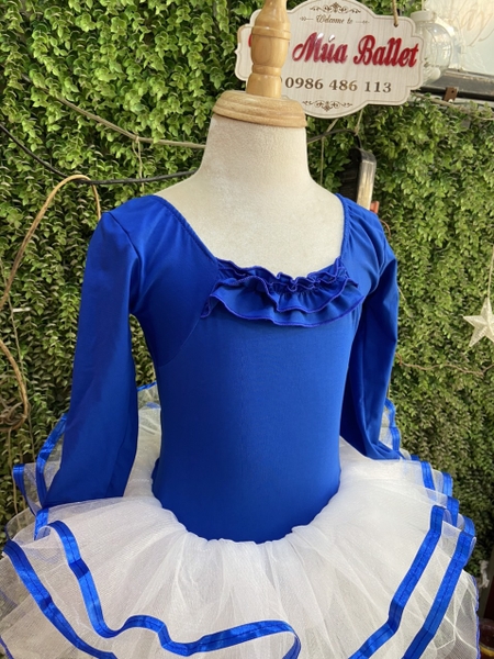 Váy múa xanh coban bèo ngực dài tay