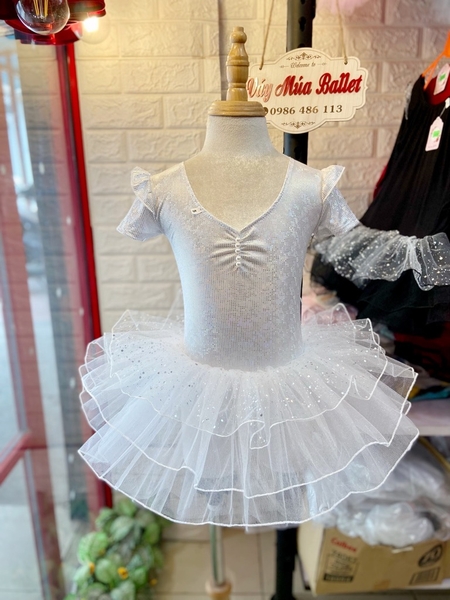 Váy múa tay tiên ngắn thun lấp lánh trắng