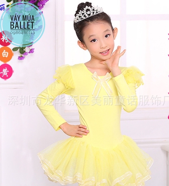 Váy múa tiên viền dài tay màu hồng, trắng, vàng