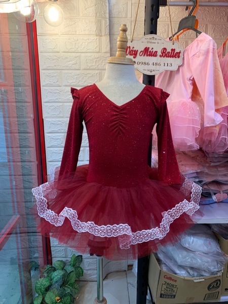 Váy múa thun nhũ tiên dài viền đỏ đô