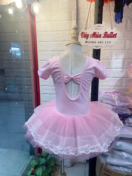 Váy múa ren V ngực viền ren ngắn hồng