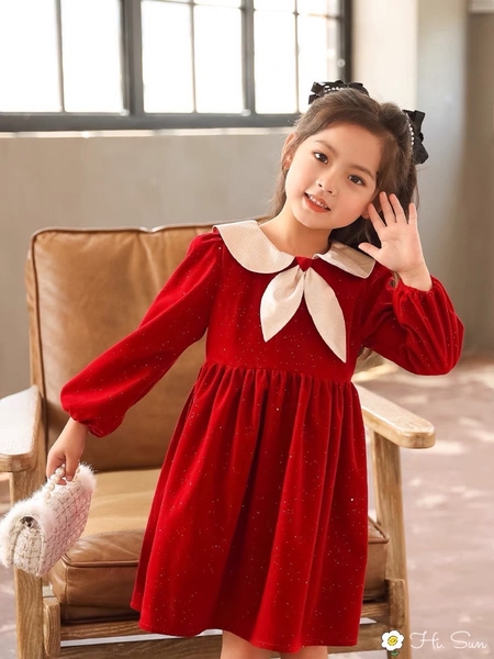 Váy nhung kim tuyến phối cổ trắng s110