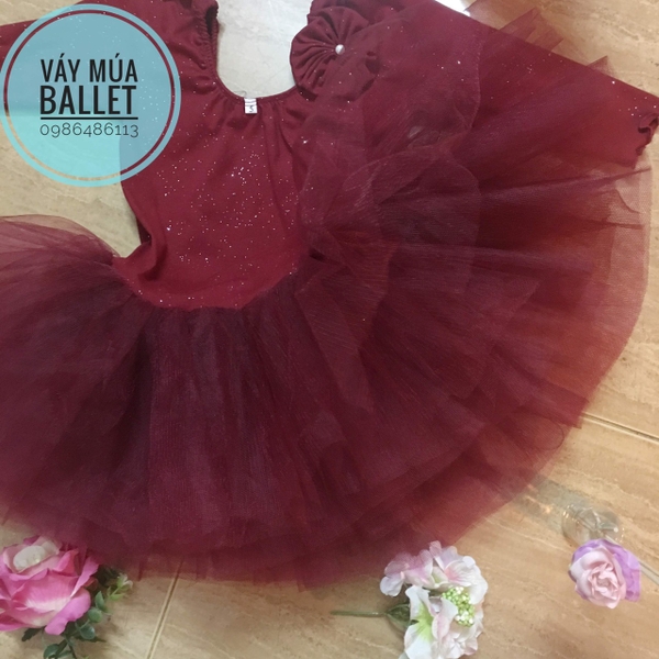 Váy múa cổ tròn tay lỡ đỏ đô