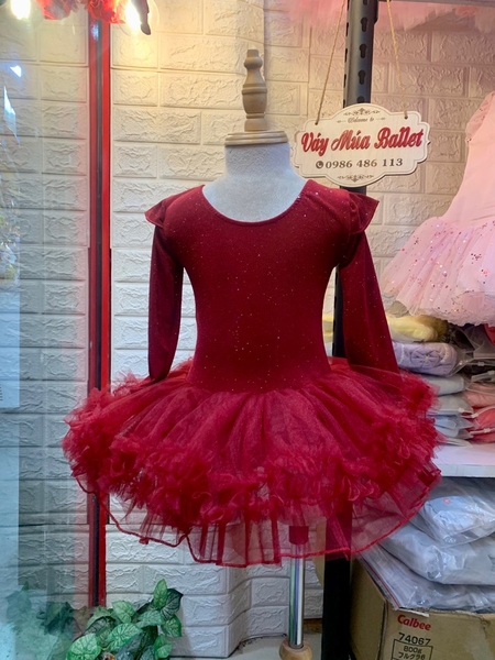 Váy múa thun nhũ tiên tutu đỏ đô dài tay