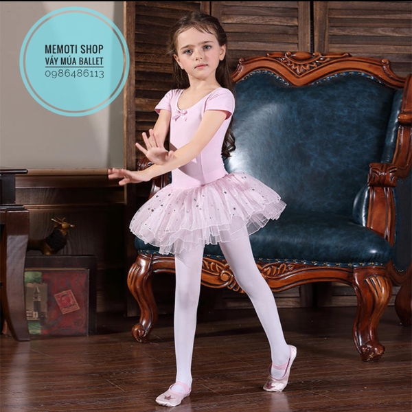 Váy múa nơ sao hoa lấp lánh tay ngắn