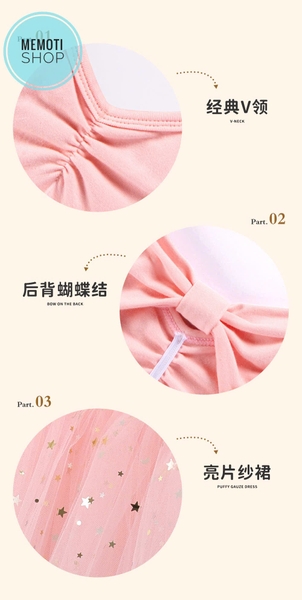 Váy múa nơ lưng sao tay ngắn (tím, xanh, hồng)