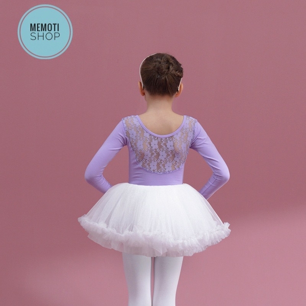 Set áo váy múa phối ren tutu dài tay trắng
