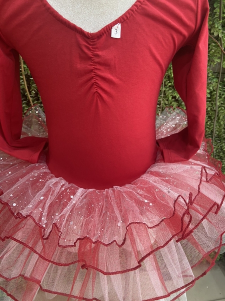 Váy múa đan lưng lấp lánh đỏ đô dài tay