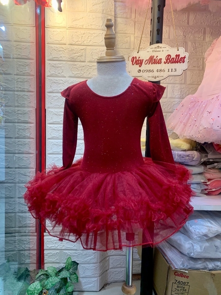 Váy múa thun nhũ tiên tutu đỏ đô dài tay