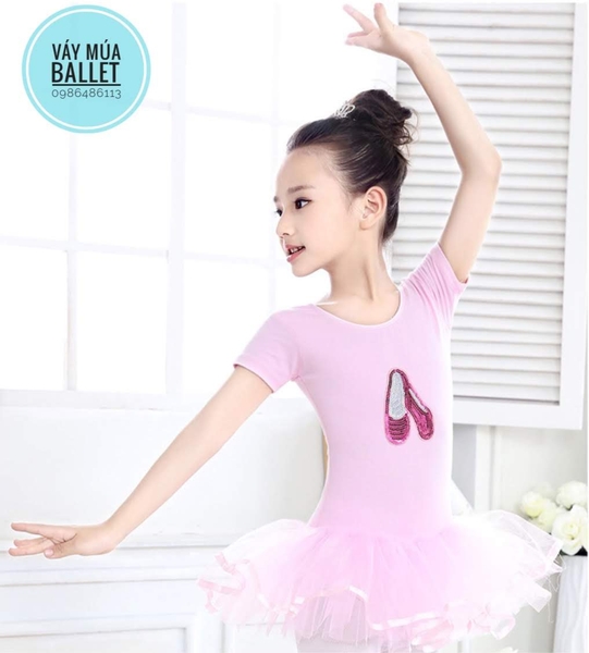 Váy múa kimsa giày tay ngắn màu hồng, tím