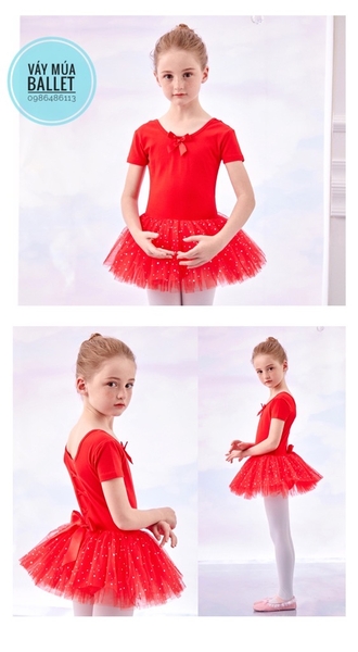 Váy múa đan lưng sao tay ngắn E (hồng, đỏ, nâu)