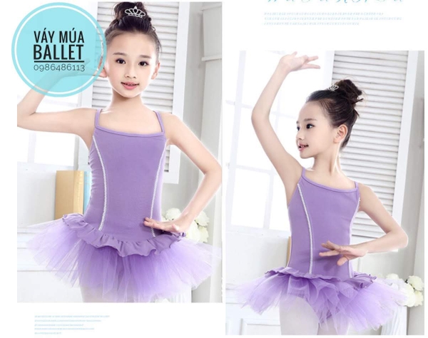 Váy múa 2 dây bèo xoè màu tím, hồng