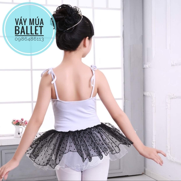 Váy múa 2 dây trắng đen chấm bi