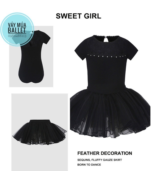 Set áo váy múa ren ngực giọt lệ tay ngắn (xanh, tím, đen, hồng)