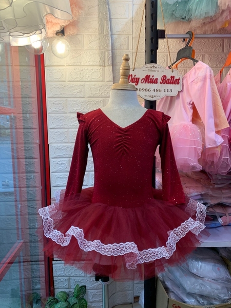 Váy múa thun nhũ tiên dài viền đỏ đô