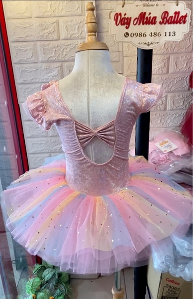 Váy múa tay tiên thun lấp lánh cầu vồng hồng