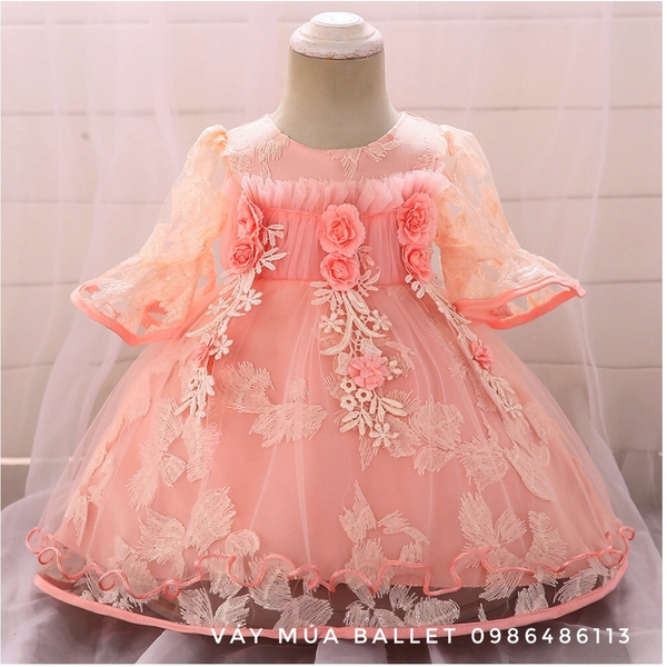 Váy công chúa hoa ngực 3D tay loe lỡ màu hồng, cam, tím