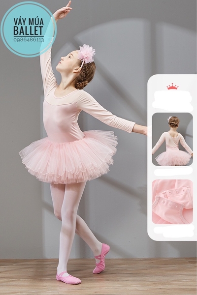 Váy múa phối voan dài tay (hồng, xanh, tím)