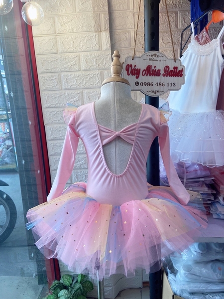 Váy múa tiên dài tay cầu vồng hồng