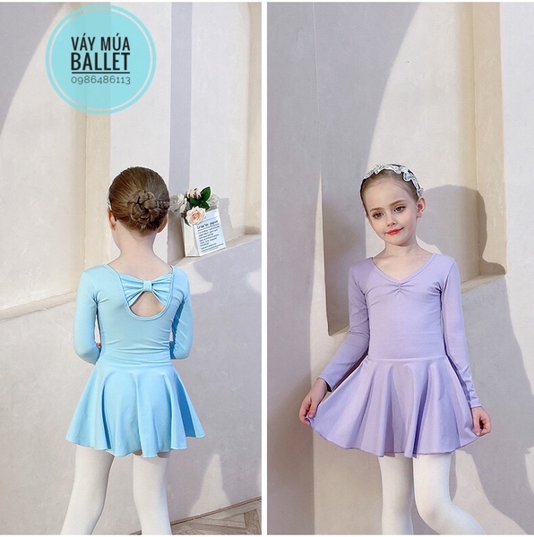 Váy tập múa cotton nơ lưng dài tay hồng