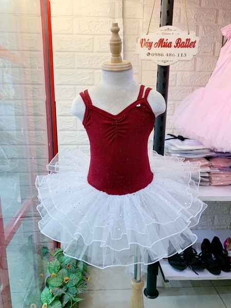 Váy múa dây thun đỏ đô nhũ trắng