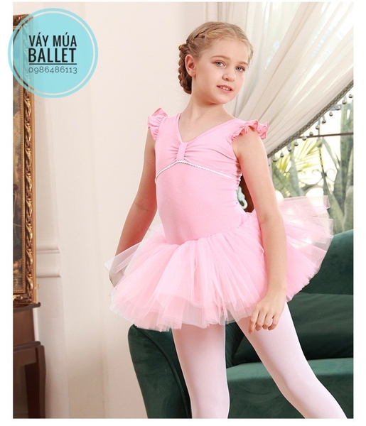 Váy múa tay tiên nơ đáp ngực (hồng, tím)