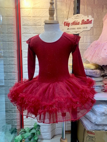 Váy múa thun nhũ tiên tutu đỏ đô dài tay