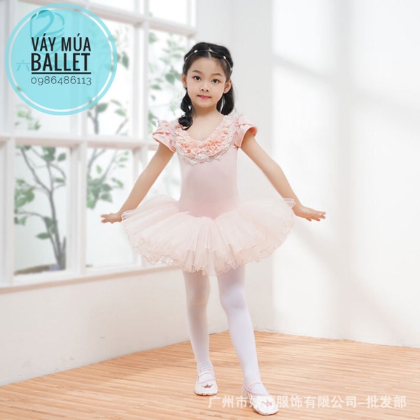 Váy múa hoa cổ ren ngọc (hồng, trắng)