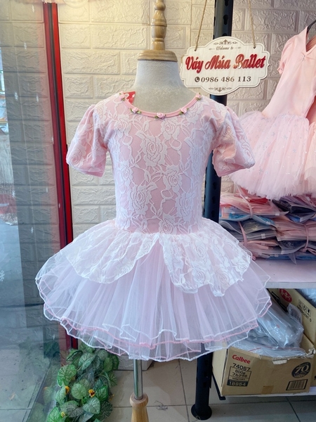 Váy múa phối ren hoa bèo tay bồng (vàng, xanh, hồng)