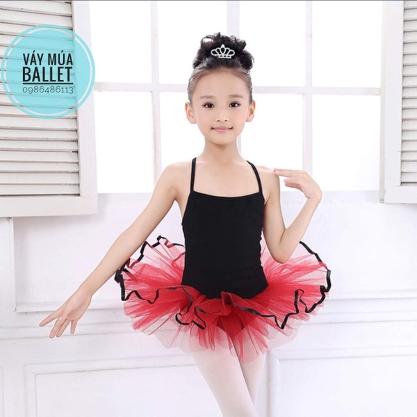 Váy múa 2 dây phối màu đen đỏ