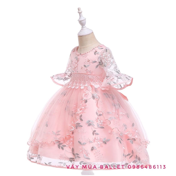 Váy công chúa ren 3D tay loe lỡ màu hồng, ghi
