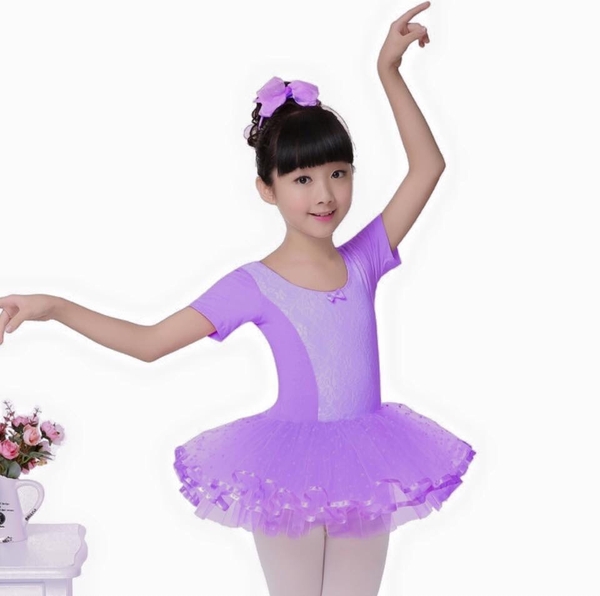 Váy múa phối ren tay ngắn tím