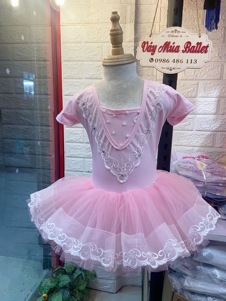 Váy múa ren V ngực viền ren ngắn hồng