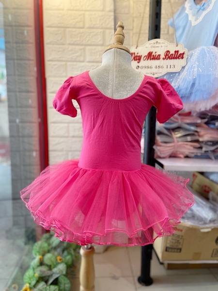 Váy múa ba nơ tay ngắn hồng đậm
