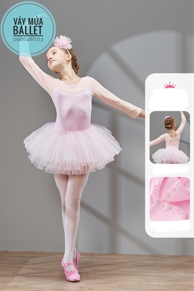 Váy múa phối voan dài tay (hồng, xanh, tím)