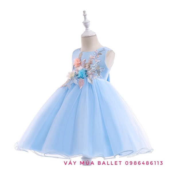 Váy công chúa hoa ngực 3D màu vàng, hồng, xanh