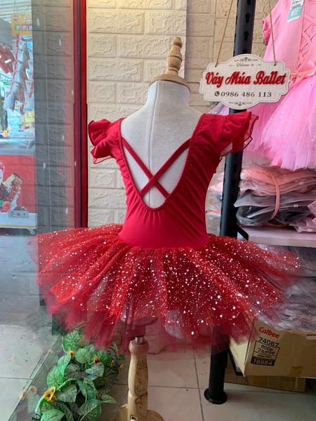 Váy múa tay tiên đỏ đô nhũ lấp lánh
