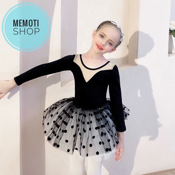 Set áo váy múa V lưng bi đen dài tay