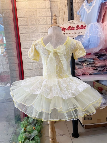 Váy múa phối ren hoa bèo tay bồng (vàng, xanh, hồng)