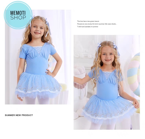 Váy múa đáp ngực phối chân ren tay ngắn (tím, xanh, hồng)