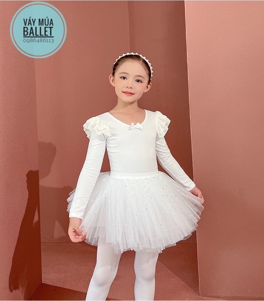 Set áo váy múa tiên nơ lưng sao dài tay (hồng, trắng)