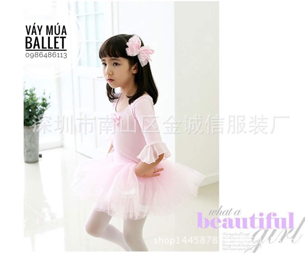 Váy múa tay loe lỡ màu hồng