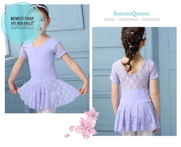 Váy tập múa ren ngắn tay (trắng, hồng)