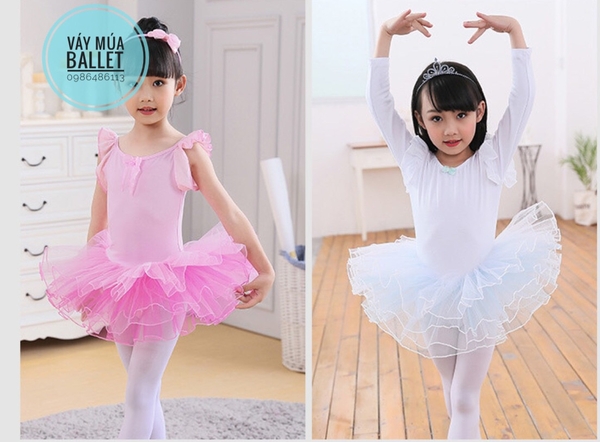 Váy múa tiên dài tay phối màu trắng, hồng