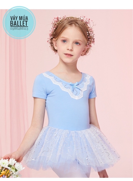 Váy múa phối ren ngực sao tay ngắn (tím, xanh, hồng)