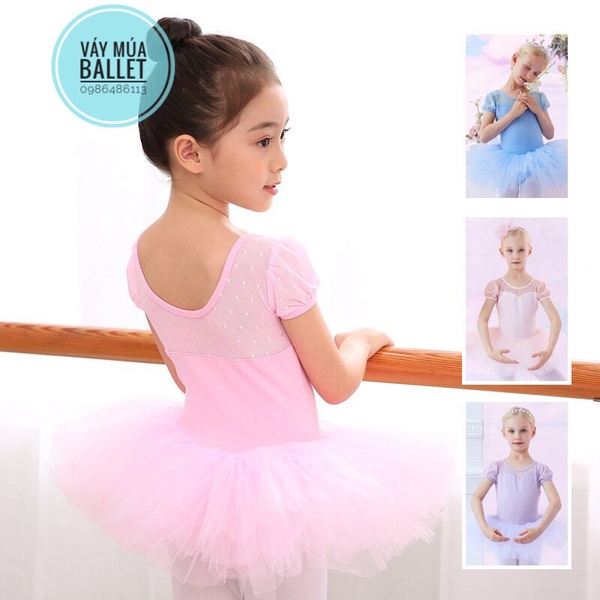 Váy múa phối von tay bồng (xanh, hồng, nude)