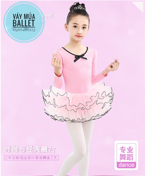 Set Váy múa phối viền đen dài tay màu hồng, đỏ đô